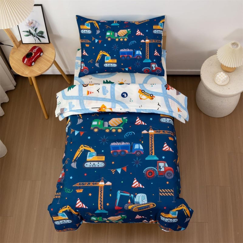 NTBED 4 Pieces Construction Truck Toddler Bedding Set for Baby Boys, Flags Vehicles Excavator Cars Printed, Includes Comforter, Flat Sheet, Fitted Sheet and Pillowcase,Navy - Image 2